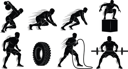 Silhouette athletes performing strength training exercises, lifting weights, jumping, running, and workout movements isolated on white background