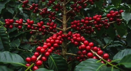 Obraz premium Closeup view of ripe red coffee berries growing on a branch amidst lush green leaves