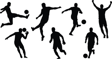 Silhouette football players performing action moves, kicking, dribbling, jumping, celebrating, isolated on white background, vector illustration