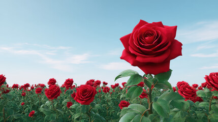 A vast field of vibrant red roses stretches towards the horizon beneath a clear blue sky dotted with soft, wispy clouds on a beautiful, sunny day landscape.
