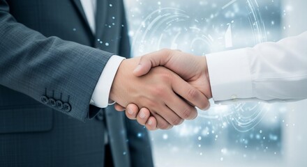 Successful business deal handshake with technology overlay representing innovation and partnership, creating a sense of trust and progress
