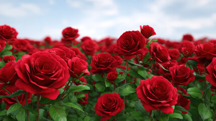 Obraz premium A beautiful field of vibrant red roses stretches towards the horizon under a clear, bright blue sky, creating a stunning and romantic floral landscape view here.