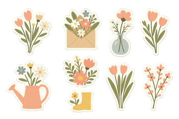 Spring stickers set with romantic bouquets. Cute floral collection with flowers in envelope, vase, watering can, rubber boot. Flat vector illustration for scrapbooking.