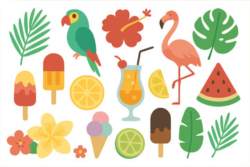 Summer vacation & travel icon collection. Tropical flat design graphic elements bundle with parrot, flamingo, ice cream, cocktail, watermelon, lemon, and jungle palm leaves.