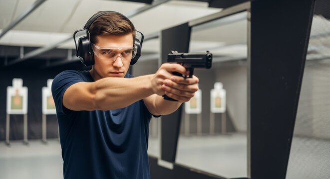 Focused man practicing precision shooting at indoor gun range with protective gear