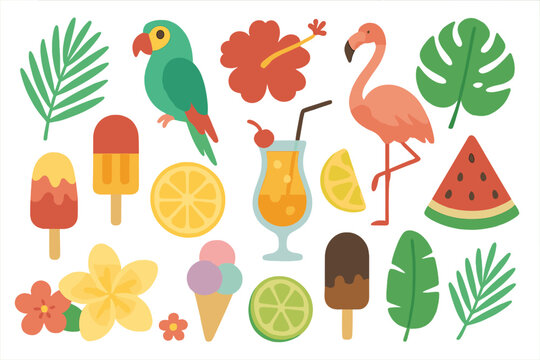 Summer vacation & travel icon collection. Tropical flat design graphic elements bundle with parrot, flamingo, ice cream, cocktail, watermelon, lemon, and jungle palm leaves.