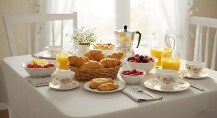 A beautifully arranged breakfast table with croissants, fruit, and coffee, bathed in natural light.