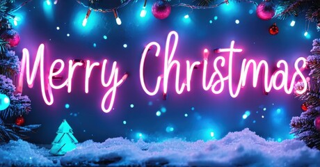 Bright neon sign displays Merry Christmas. Festive lights, snow covered ground create winter holiday mood. Vibrant colors dominate scene.