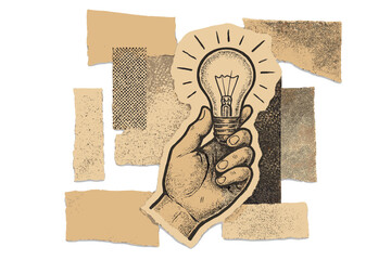Vintage halftone collage vector banner with hand holding bright light bulb symbolizing new ideas, creativity and inspiration. Paper cutout style retro poster.