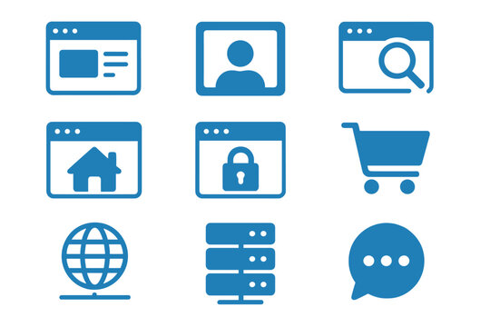 Website icon set in solid glyph style for web design. Pack of pictograms with user experience, SEO, homepage, security, ecommerce, internet, server, blog, and user profile.