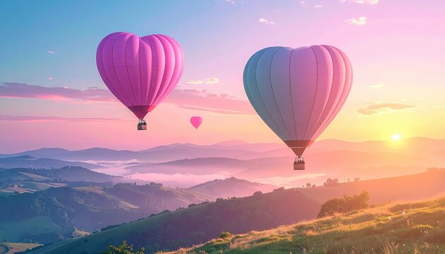 Romantic scene depicts two heart-shaped hot air balloons soaring over rolling green hills bathed in a soft, pastel-colored sunrise, with a third smaller balloon visible in the distance, conveying...