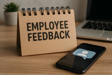 A notepad displays the words 'Employee Feedback' along with a mobile phone, highlighting concept of Workplace communication and feedback.