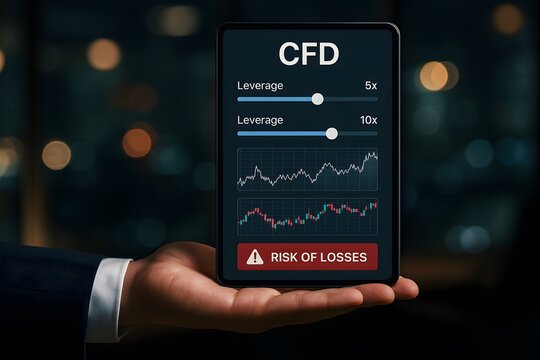 Person holding a tablet that display the CFD (Contract for Difference). Concept of investment in financial market. - Powered by Adobe