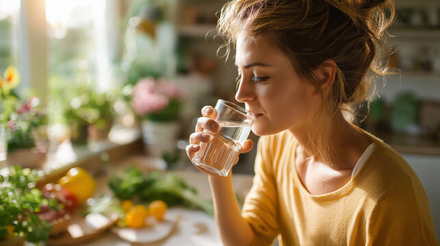 Woman taking vitamins and drinking water at kitchen counter, morning routine, bright light, wellness habit, supplement routine, daily health, morning hydration, healthy lifestyle, 