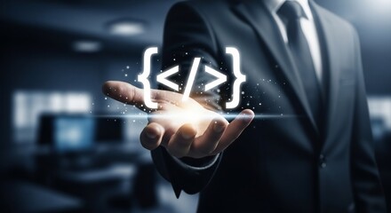 Elegant businessman presents modern coding technology solution with open hand in dark office, showcasing digital innovation and professional expertise