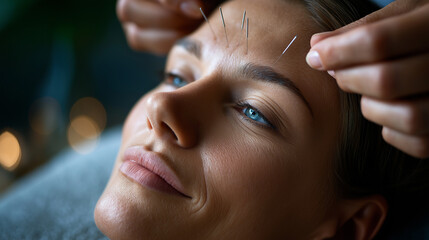 Woman receiving acupuncture treatment, calm expression, soft neutral light, alternative medicine scene, traditional healing, holistic therapy, relaxation and energy flow, natural w