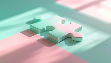 Two-piece puzzle rests on a surface split into pink and teal sections, lit by directional light creating shadow play on the surface, offering a minimalist, conceptual composition with gradient...