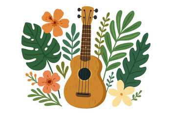 Ukulele with tropical flowers and palm leaves. Hawaiian acoustic guitar for summer music festival poster. Aloha party invitation background. Flat vector hand drawn illustration.