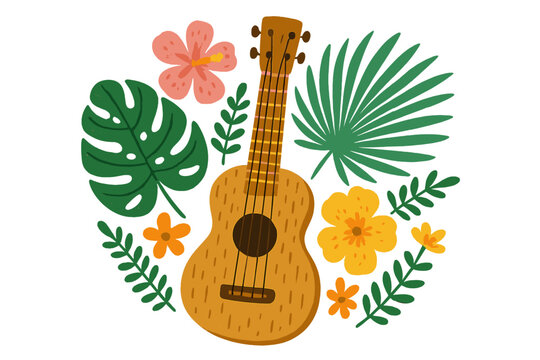 Hand drawn vector illustration of a ukulele with tropical palm and monstera leaves. Hawaiian acoustic music concept for summer party poster, aloha luau event banner design.