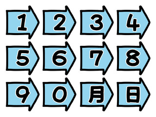 カレンダーに使える手描き風数字の吹き出し　矢印　青（Affinity Designer版）
