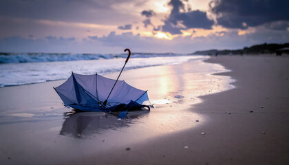 A Broken Umbrella Left on a Quiet Beach Reflecting the Moody Purple Light of an Overcast Sunset