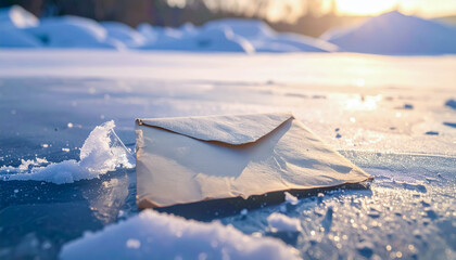 A Sealed Envelope Resting on Glittering Ice at Sunrise, Surrounded by Frost and Morning Light