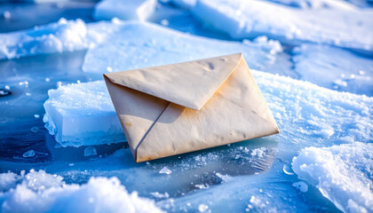 A Weathered Envelope Frozen on Ice with Crystals and Snowflakes under Harsh Arctic Blue Light