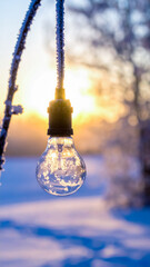 A Frosty Light Bulb Hanging from a Snowy Tree Branch with Sunlight Shining Through in Winter