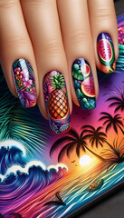 A vibrant summer tropical manicure, Ai generated image
