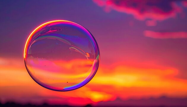 Captured at dusk, a solitary soap bubble shimmers with vibrant colors of the rainbow, floating against a painted sky of warm orange and deep purple hues, creating an enchanting, dreamy scene,...