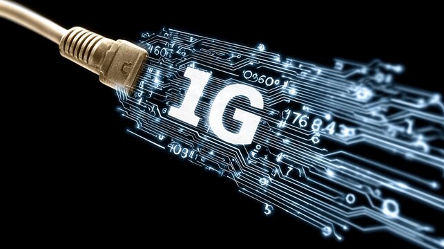Illuminated Ethernet Cable Concept Depicting 1G Data Transfer and High Speed Connectivity