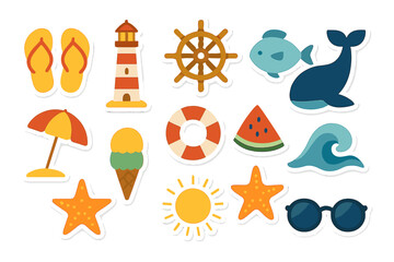 Summer stickers set in flat design. Collection of beach and ocean labels with lighthouse, ship wheel, whale, wave, sun, ice cream, watermelon, sunglasses, and flip flops.