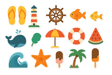 Summer sticker collection in flat design. Cute beach vacation and travel icon set with whale, lighthouse, palm tree, ice cream, ship wheel, wave, and starfish symbols.