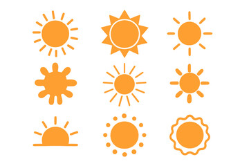 Sun icon set in flat design style. Bundle of orange suns with sunlight in different shapes. Summer geometric sunny symbols for seasonal decor, logo or weather graphic elements.
