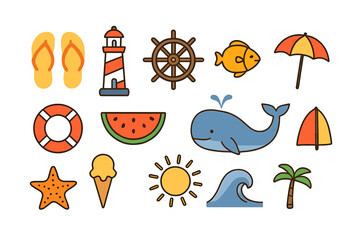 Summer beach vacation sticker set. Cute cartoon icons for travel and holidays. Includes whale, lighthouse, fish, sun, ice cream, palm tree, and nautical sea life symbols.