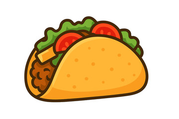 Taco vector illustration. Mexican fast food concept. Cartoon icon with tortilla, meat and salad for lunch or dinner. Flat design graphic element isolated for easy use.
