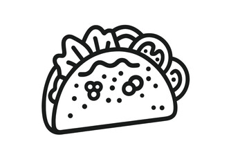 Taco with tortilla shell outline illustration. Mexican lunch food. Flat line vector icon for menu, fast food logo, or street food festival. Traditional Mexico cuisine symbol.
