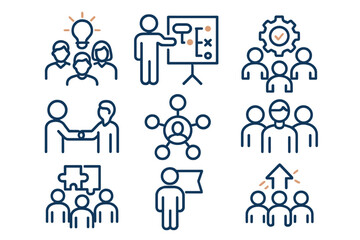 Teamwork line icons set. Business collaboration, corporate strategy, and management concepts. Partnership, planning, optimization, solution, and work group pictograms.