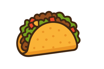 Taco vector icon with tortilla shell, meat, and lettuce. Mexican food flat illustration. Traditional fast food for lunch or dinner. Simple cartoon graphic isolated on white.