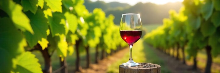 Elegant Red Wine Glass in Sunlit Vineyard Perfect for Winery & Wine Tasting Marketing
