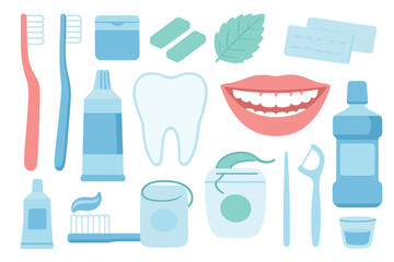 Dental care and oral hygiene vector icon set. Flat cartoon illustration collection of tooth, smile, toothbrush, toothpaste, floss, mouthwash, whitening strips, mint, and gum.