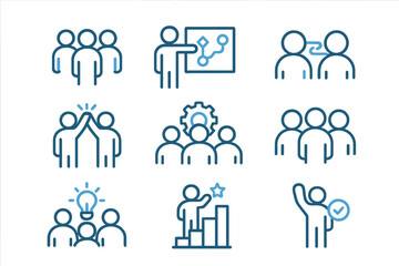 Teamwork icons set for business collaboration. Pictograms of team, planning, connection, cooperation, optimization, work group, and solution. Duotone outline stroke design vector.