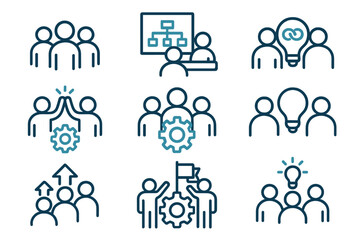 Teamwork icons set for business and web. Line pictogram pack of cooperation, planning, connection, optimization, work group, solution, innovation, strategy and brainstorming.