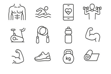 Sports and fitness thin line icons set for web and mobile. Gym workout, training. Fit body, swimming, dumbbell, kettlebell, yoga mat, exercise bike, muscle, water bottle vector.