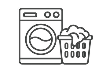 Washing machine with laundry basket icon. Vector outline illustration of washer and dirty clothes. Home appliance laundry symbol for cleaning, household chores, washing day design.