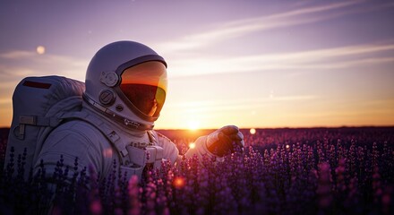Lone Astronaut Gazes at Distant Sunset on Alien World Evoking Solitude and Exploration.