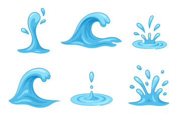 Set of fresh clean water splashes, drops, and ocean waves isolated elements, pure aqua liquid shapes, dynamic blue water splash collection, vector illustrations for nature and marine design