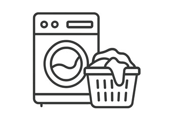 Washing machine with laundry basket vector line icon, outline illustration of washer with dirty clothes, household appliance symbol, laundry room essentials, home cleaning equipment vector