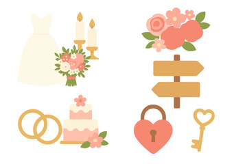 Wedding brochure set with bride dress, floral bouquet, candles, wooden directional signs, wedding rings, festive cake and heart-shaped padlock in flat design style for celebration and romance