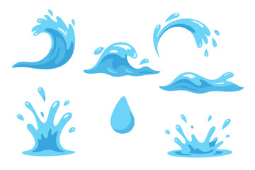 Fresh and clean water splashes and droplets set, isolated aqua elements bundle, pure blue water waves and liquid shapes, ocean splash vector collection, natural fluid design